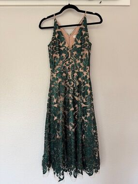 Dress the Population Emerald Green Lace Midi Dress with Nude Base